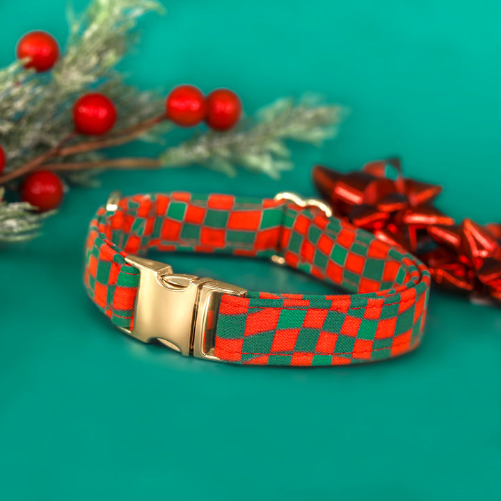 Wrap Me Up - Groovy Red and Green Checkered Christmas Dog Collar