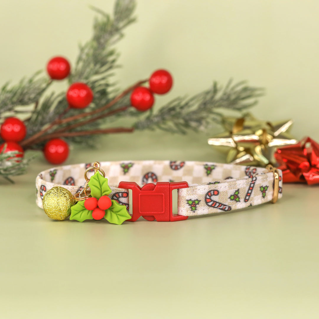 Happy Hollydays - Checkered Candy Cane Christmas Cat Collar