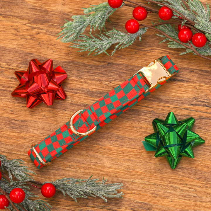 Wrap Me Up - Groovy Red and Green Checkered Christmas Dog Collar