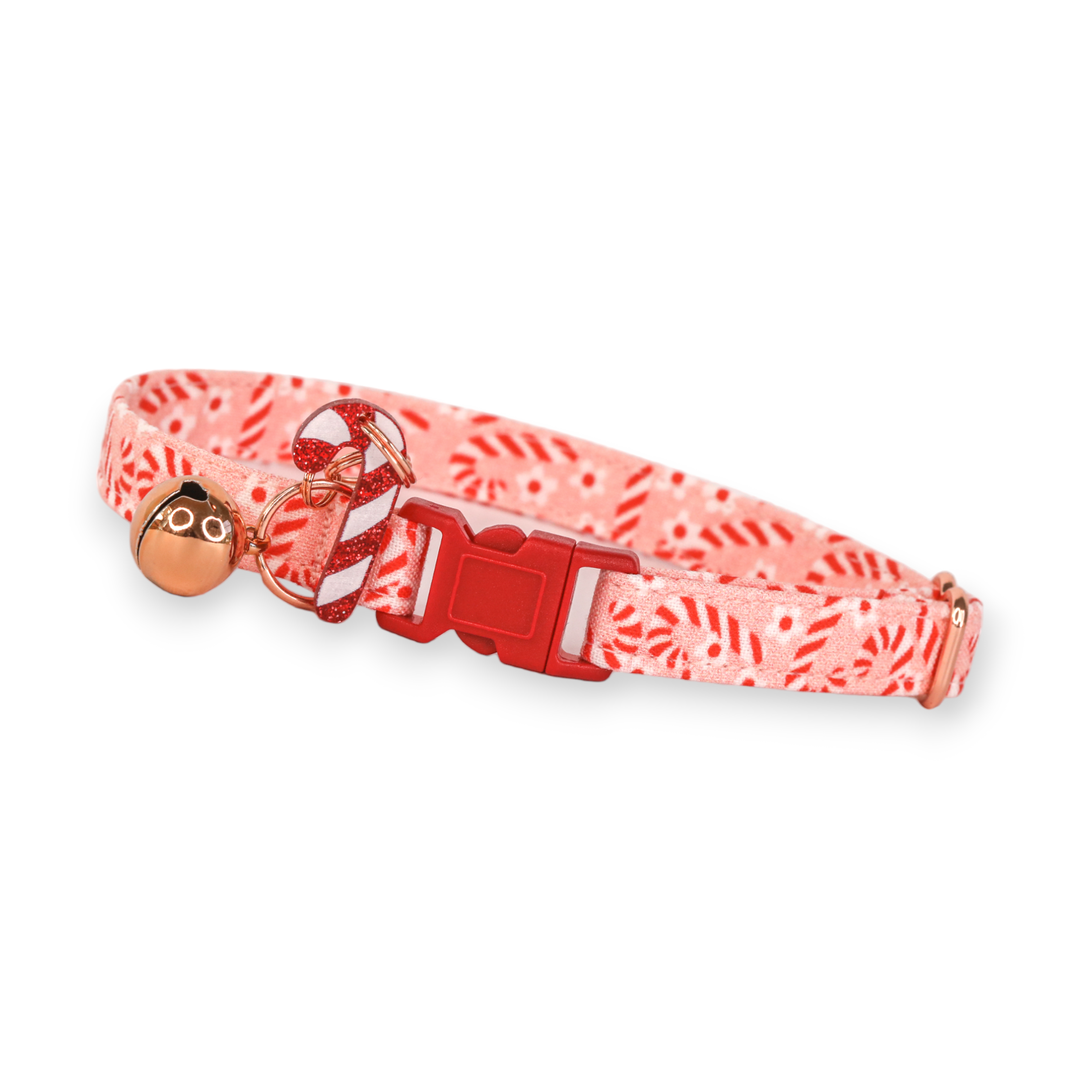 Candy Cane Kisses - Pink Daisy Candy Cane Christmas Cat Collar