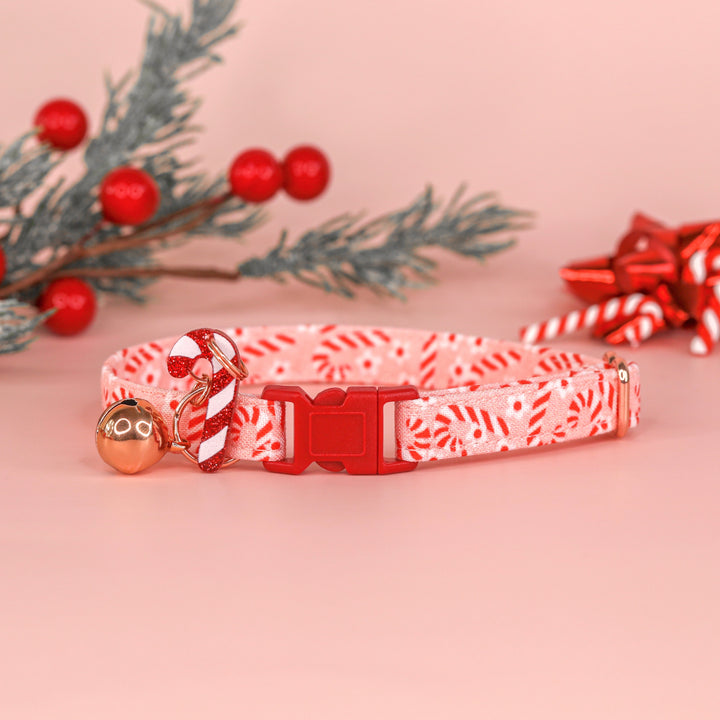 Candy Cane Kisses - Pink Daisy Candy Cane Christmas Cat Collar