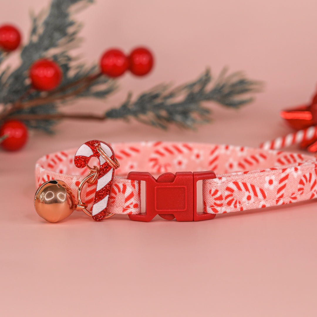 Candy Cane Kisses - Pink Daisy Candy Cane Christmas Cat Collar