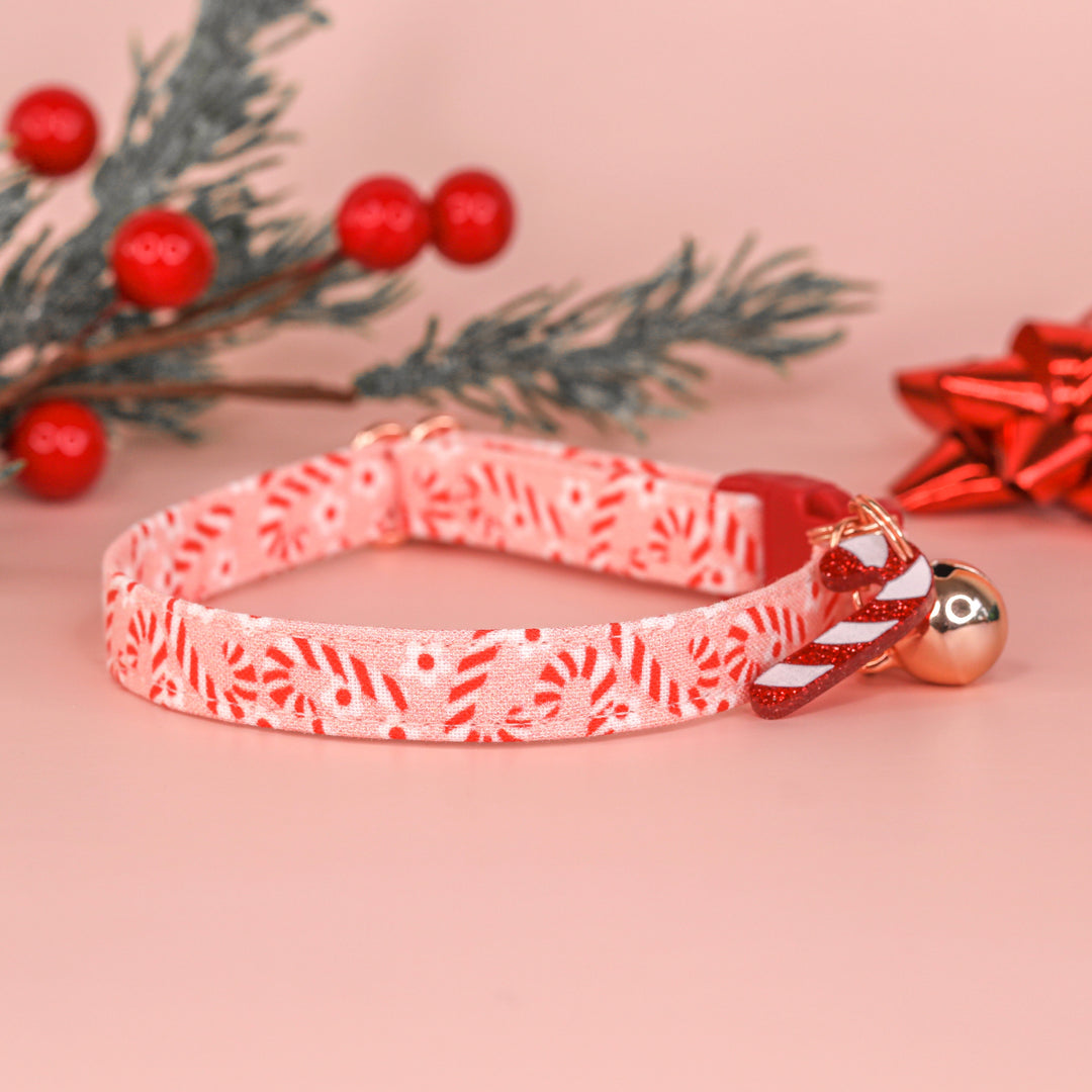 Candy Cane Kisses - Pink Daisy Candy Cane Christmas Cat Collar