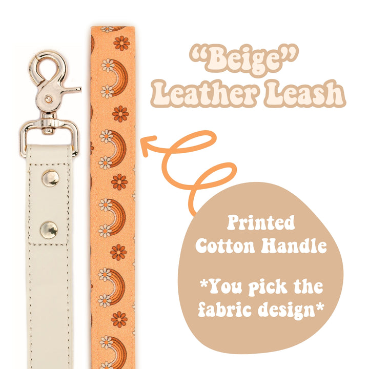 "Beige" Leather Leash with Cotton Patterned Handle