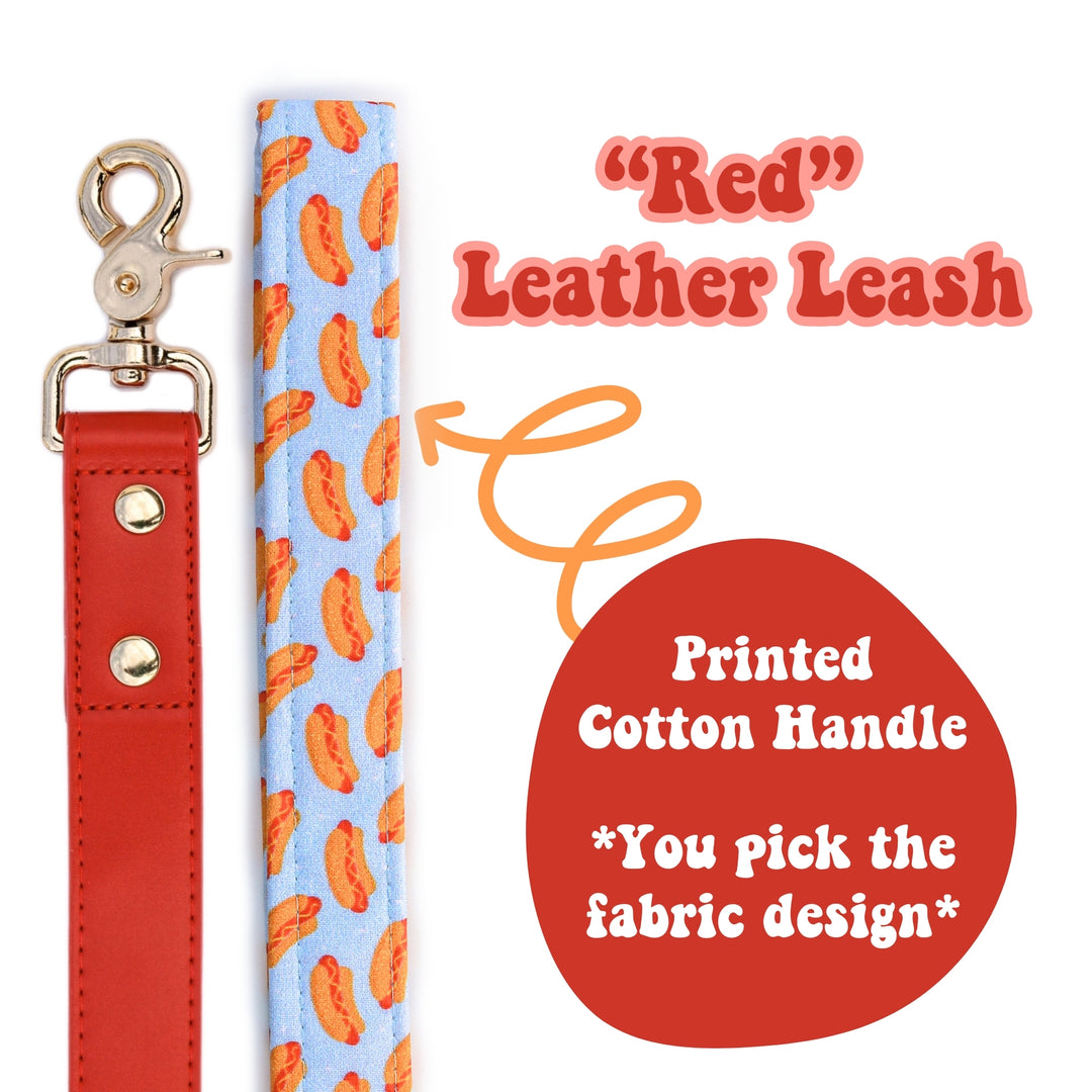 "Red" Leather Leash with Cotton Patterned Handle