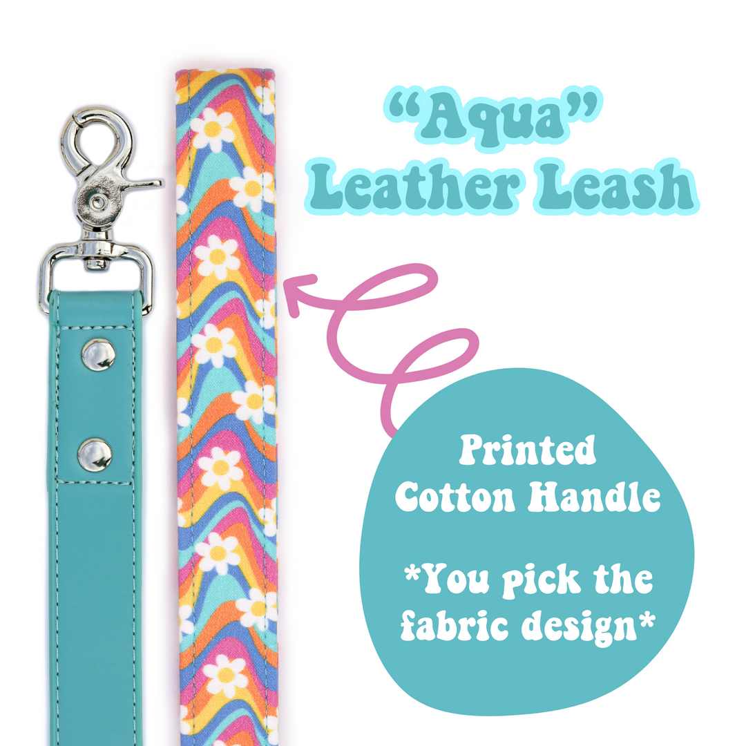 "Aqua" Leather Leash with Cotton Patterned Handle