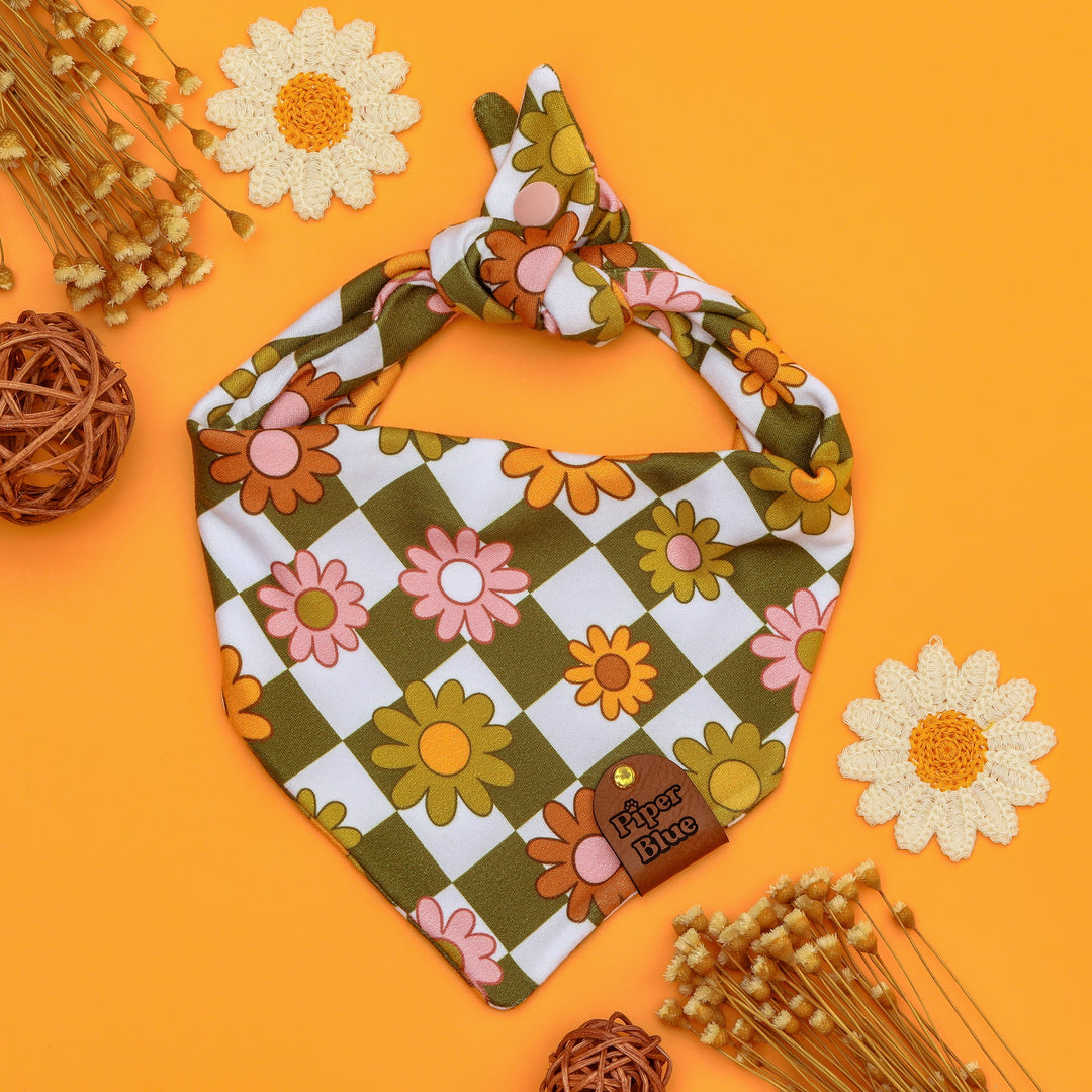 Autumn - Green Daisy Floral Checked Fall Pet Bandana