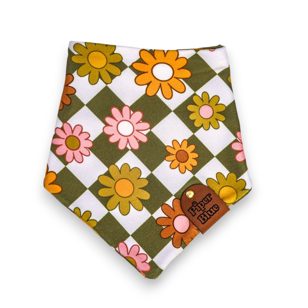 Autumn - Green Daisy Floral Checked Fall Pet Bandana