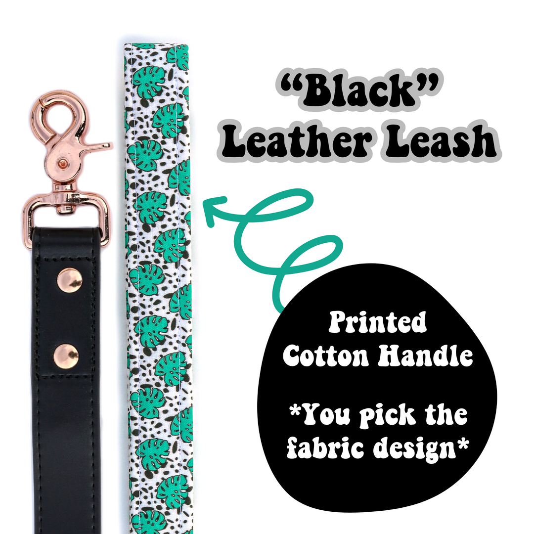 "Black" Leather Leash with Cotton Patterned Handle