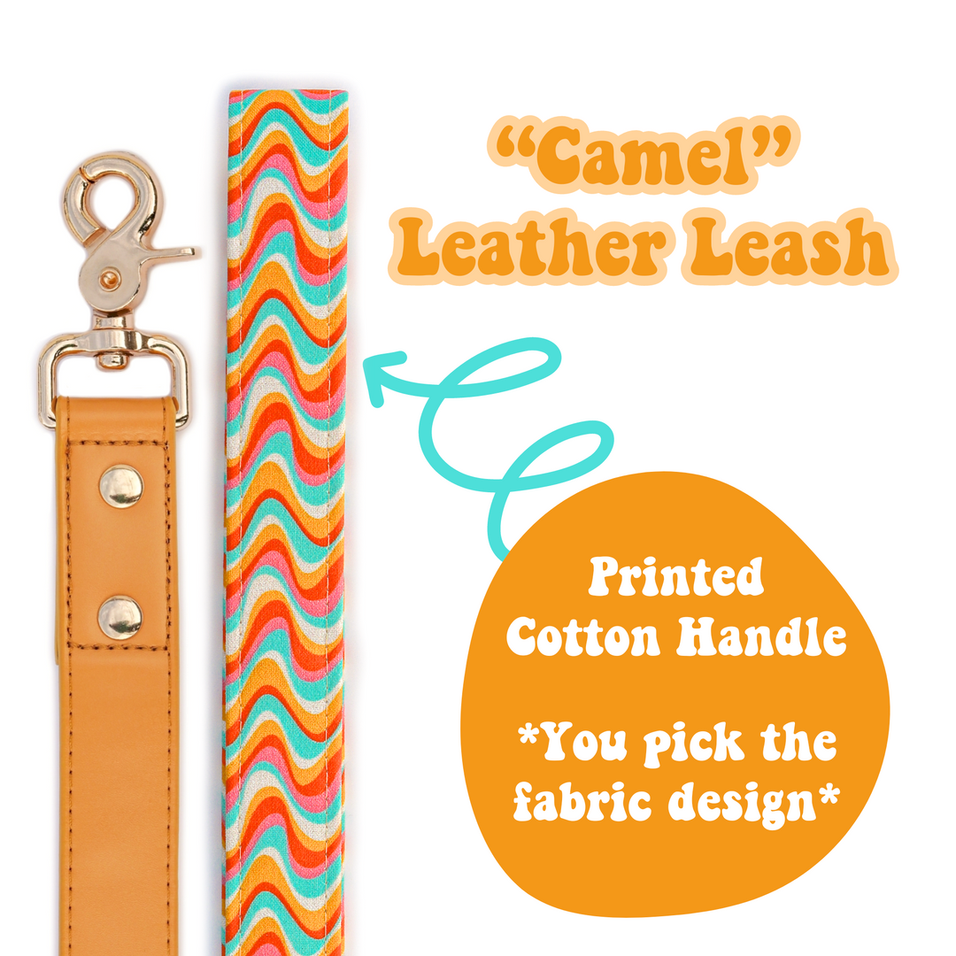 "Camel" Leather Leash with Cotton Patterned Handle