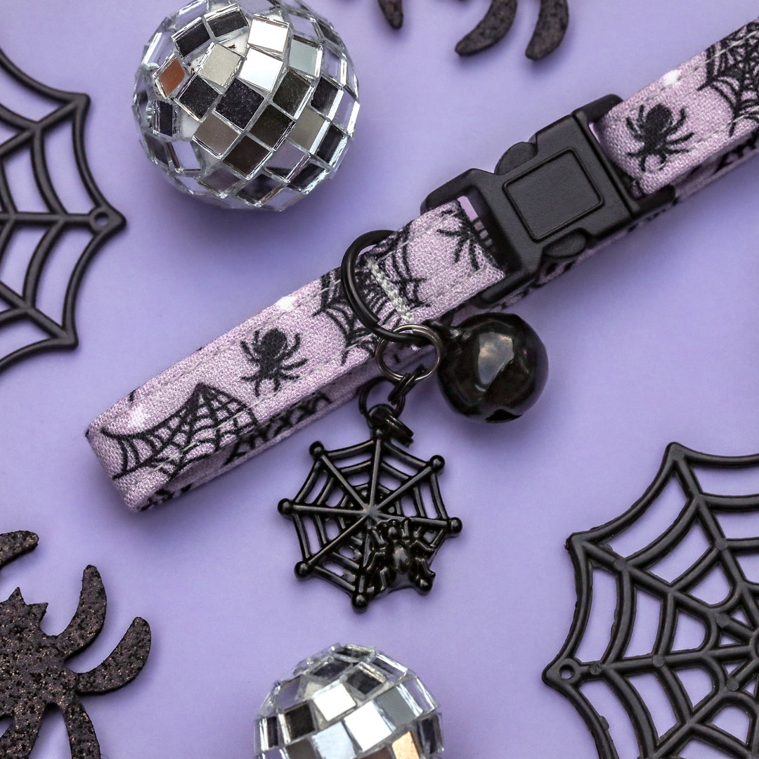 Caught Up In Your Web - Gray Purple Spider Halloween Cat Collar