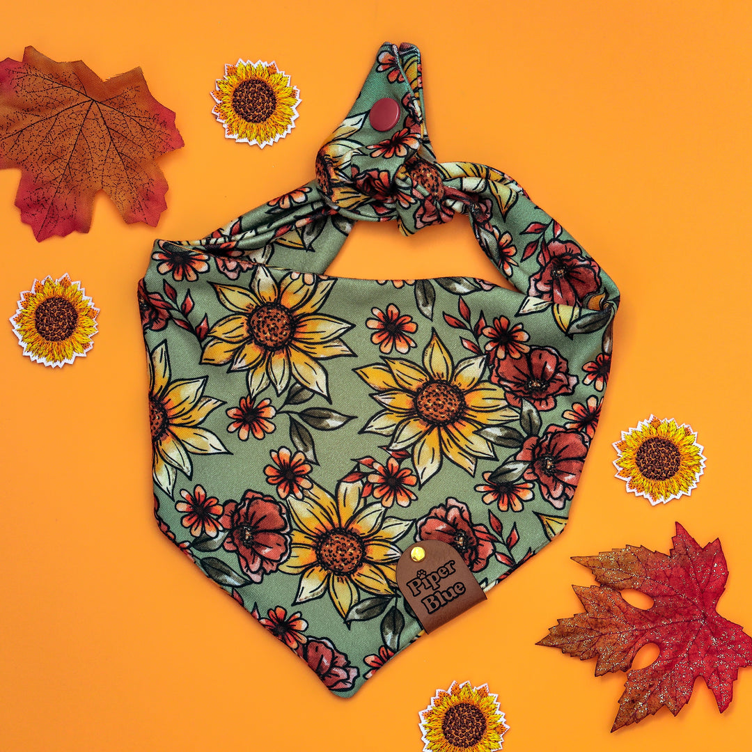 Fall Foliage - Green Sunflower Floral Pet Bandana