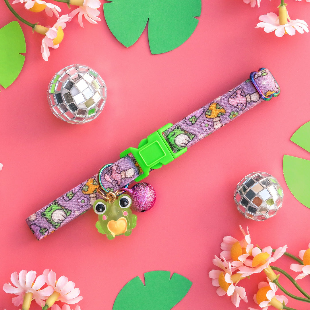 Quite Ribbiting - Purple Mushroom and Frog Cat Collar