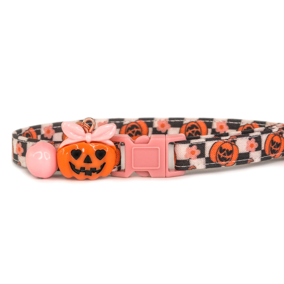 Hauntingly GOURD-geous - Girly Pumpkins Checkered Halloween Cat Collar