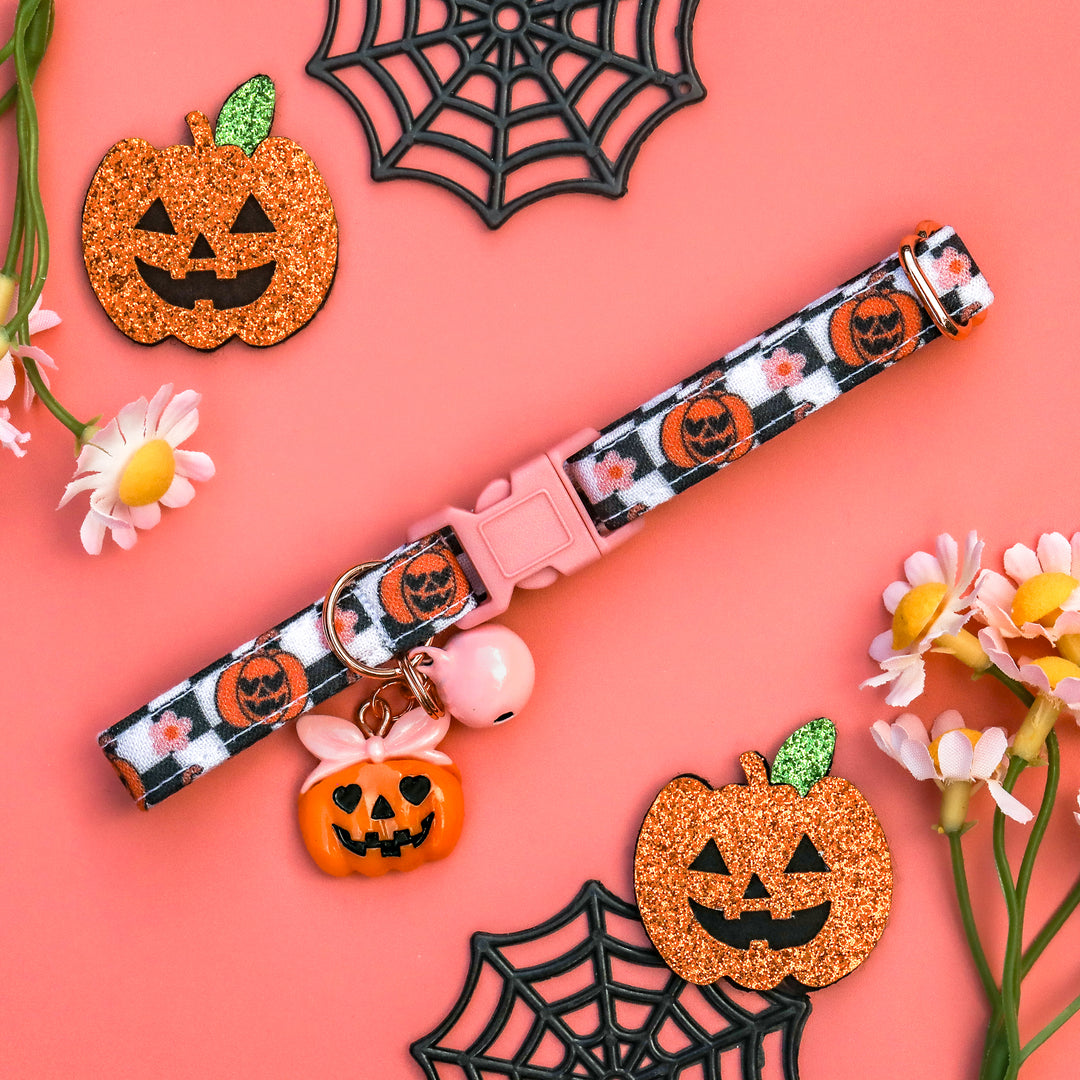 Hauntingly GOURD-geous - Girly Pumpkins Checkered Halloween Cat Collar