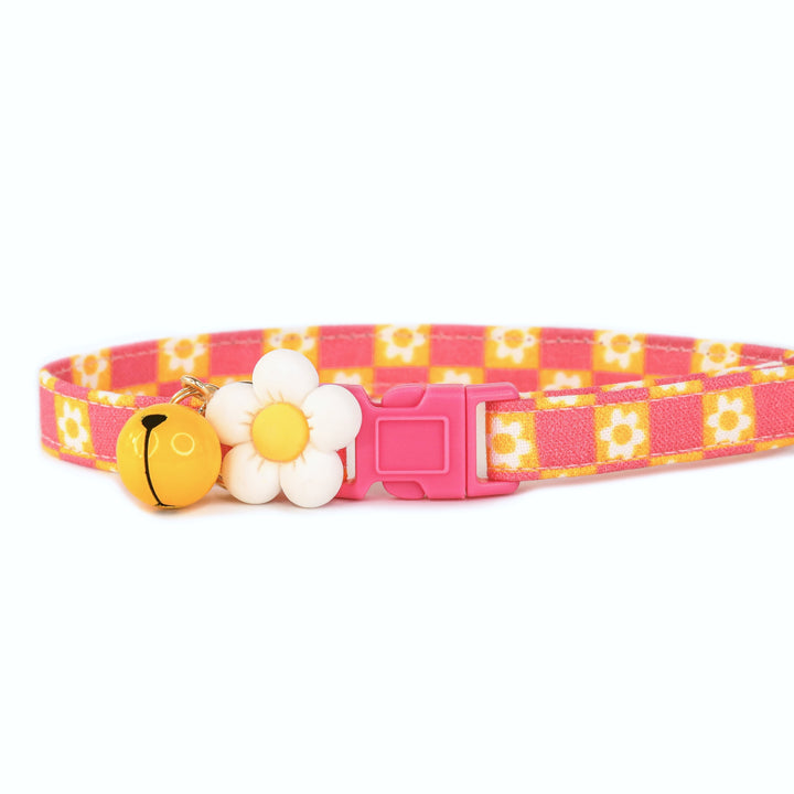 Helga - Pink and Yellow Daisy Checkered Cat Collar