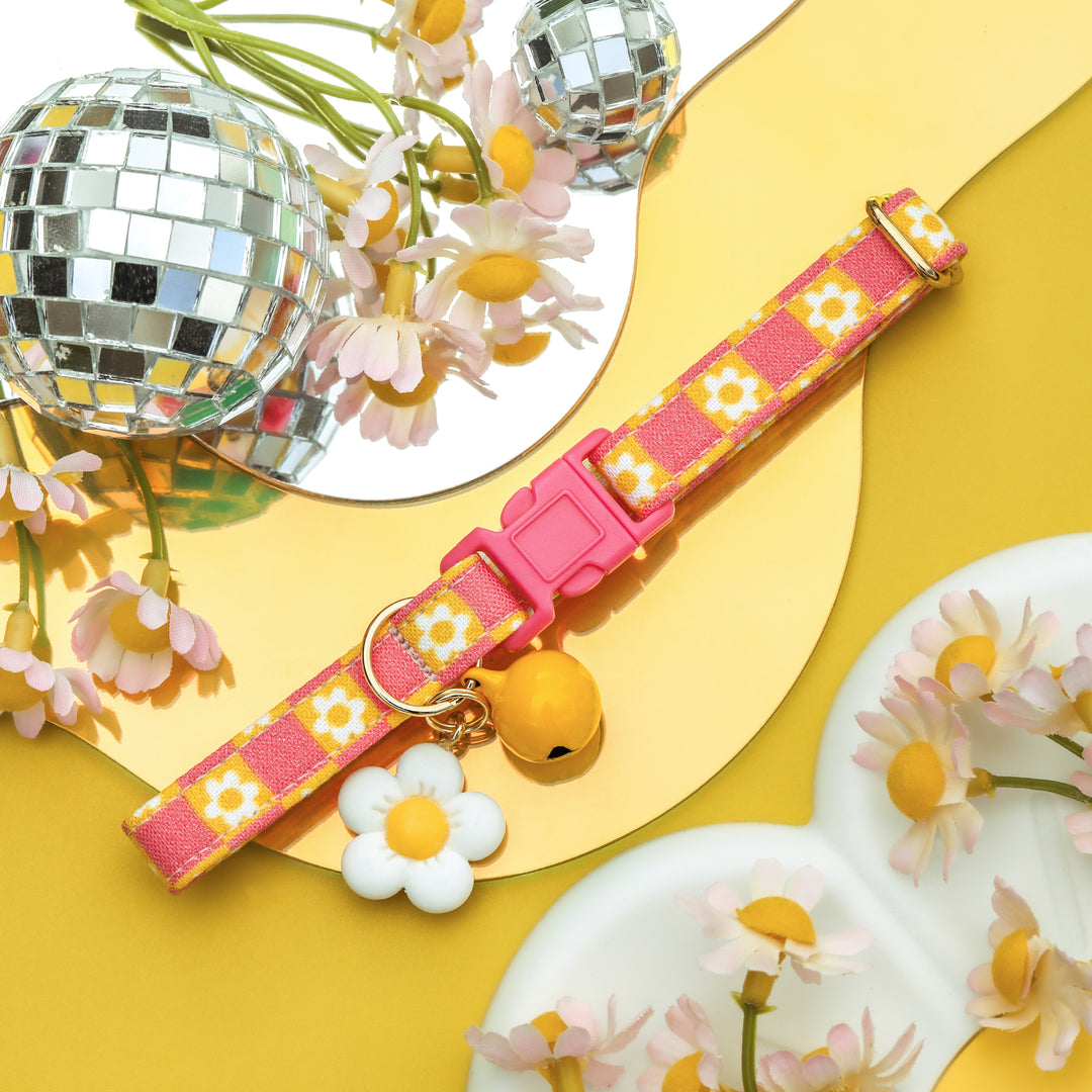 Helga - Pink and Yellow Daisy Checkered Cat Collar