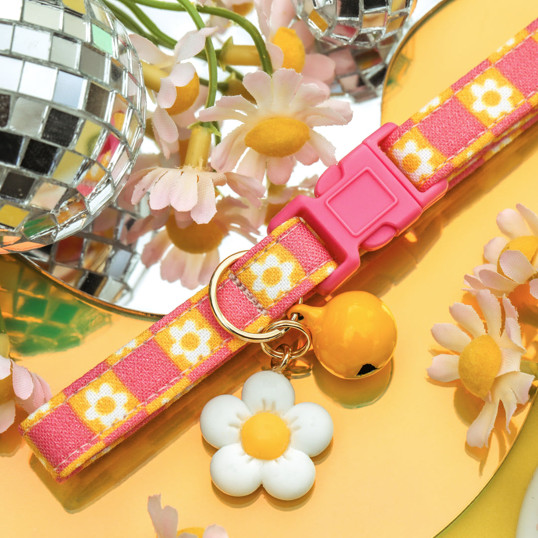 Helga - Pink and Yellow Daisy Checkered Cat Collar