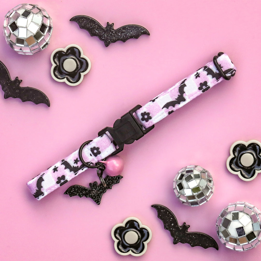 Just A Little Batty - Purple Lilac Bat Checkered Halloween Cat Collar