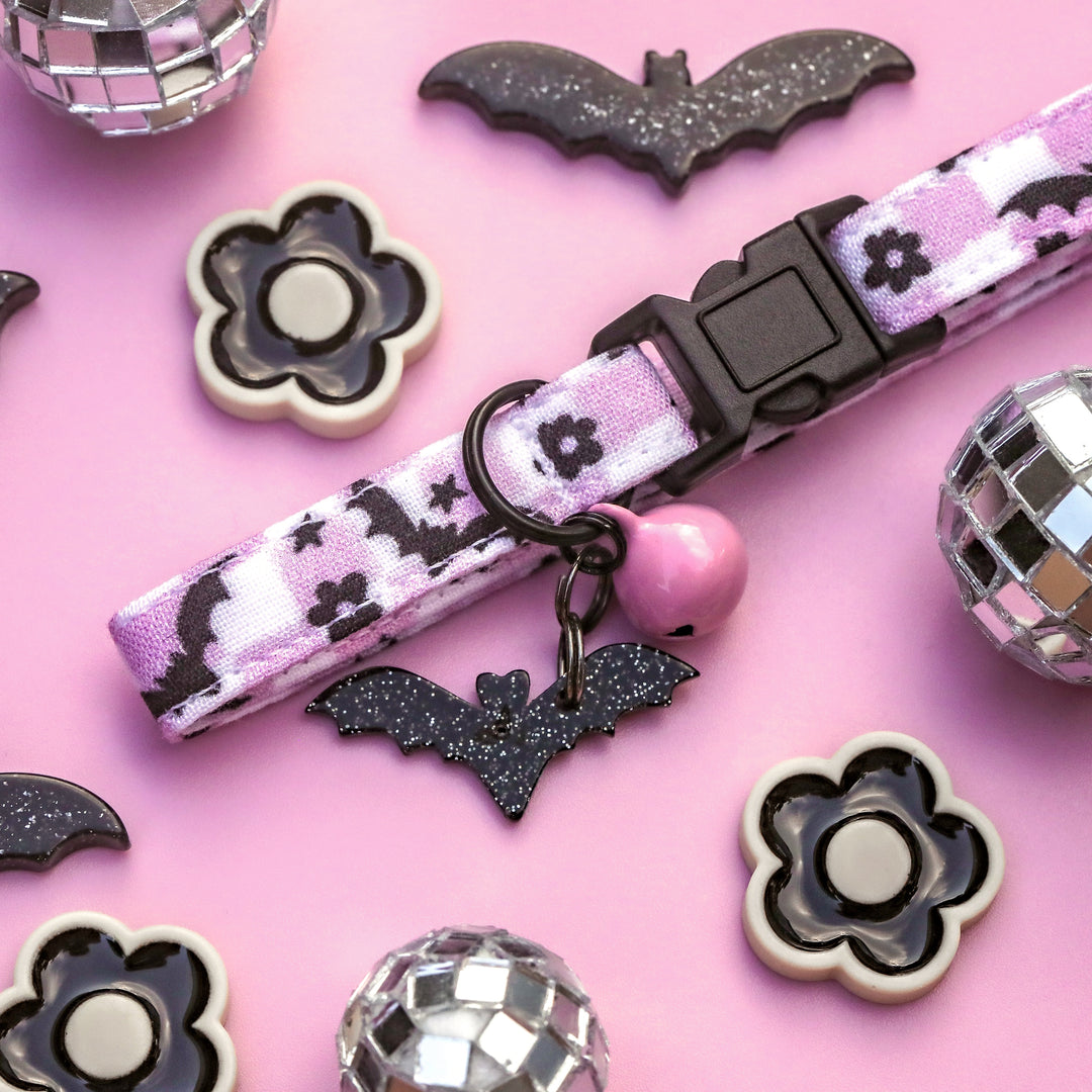 Just A Little Batty - Purple Lilac Bat Checkered Halloween Cat Collar