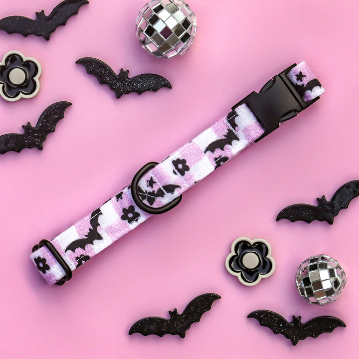 Just A Little Batty - Purple Bat Checkered Halloween Dog Collar