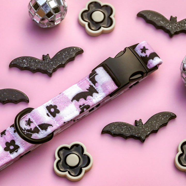 Just A Little Batty - Purple Bat Checkered Halloween Dog Collar