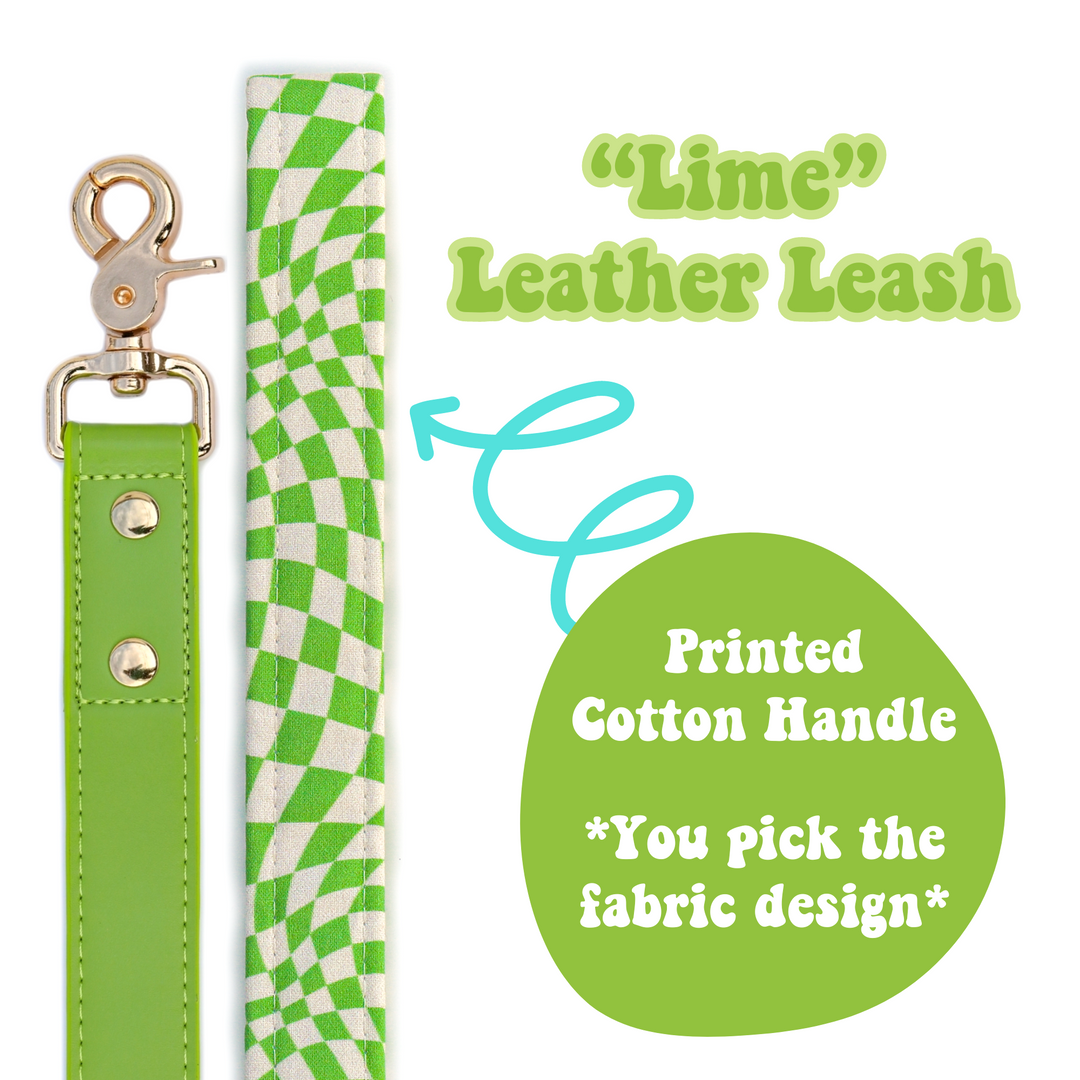 "Lime" Leather Leash with Cotton Patterned Handle