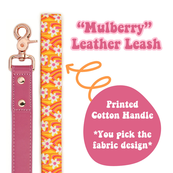 "Mulberry" Leather Leash with Cotton Patterned Handle