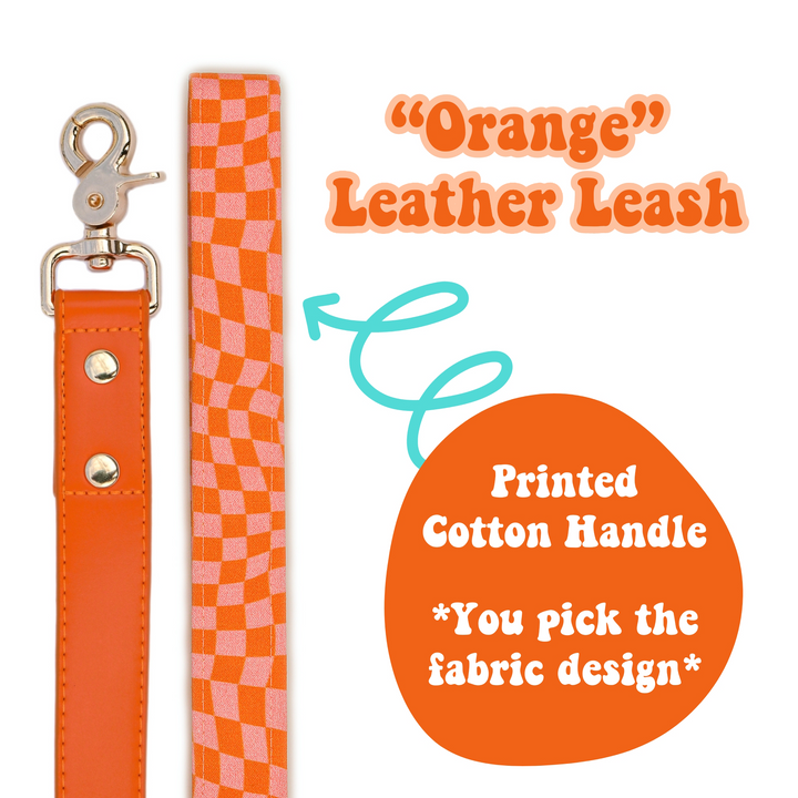 "Orange" Leather Leash with Cotton Patterned Handle