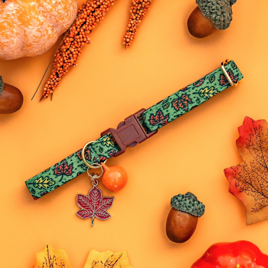 Rake It Up - Green Fall Leaves Cat Collar