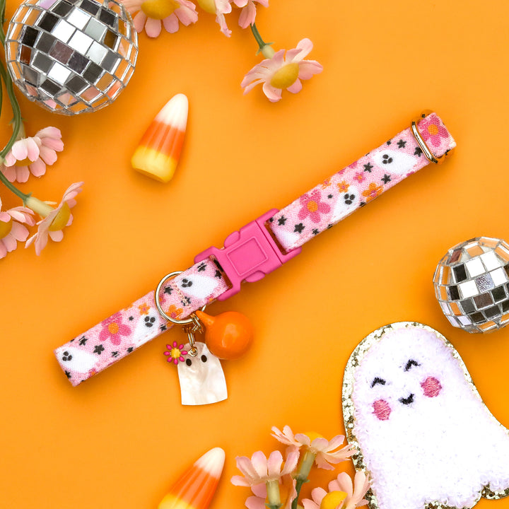 Too Cute To Spook - Pink Groovy Ghost Halloween Cat Collar