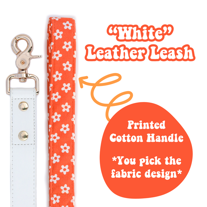 "White" Leather Leash with Cotton Patterned Handle